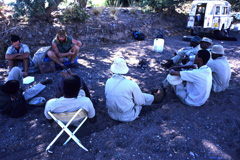 With Chris Bakkes and game guards, a theory lesson on how to approach elephant and rhino on foot.